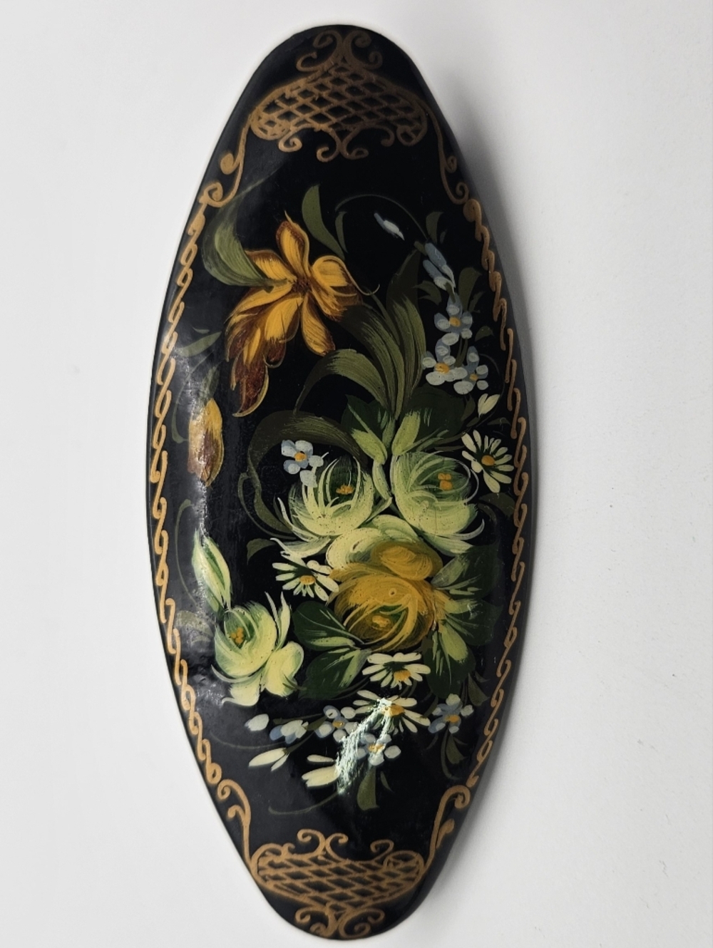 Vintage Russian Lacquer Hair Barrette Hand Painted Floral Fedoskino Signed 3.5”